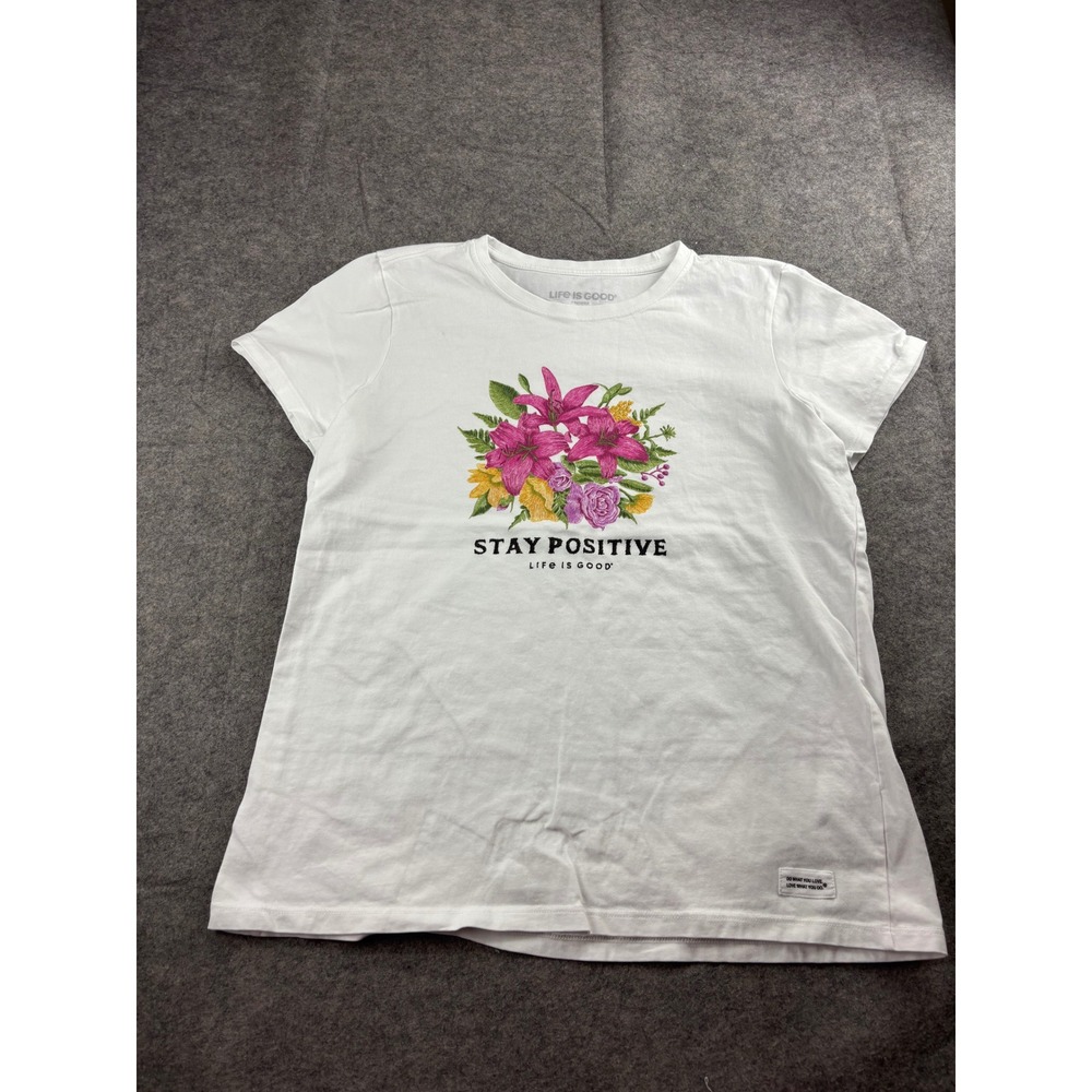 Life is Good Womens L Crusher Tee Stay Positive Floral White T-Shirt Tropical